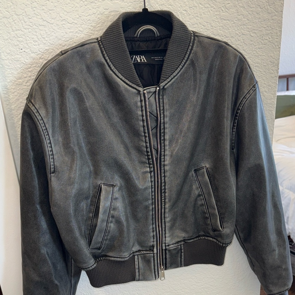 Zara Distressed Faux Leather Bomber Jacket - Picture 3 of 6